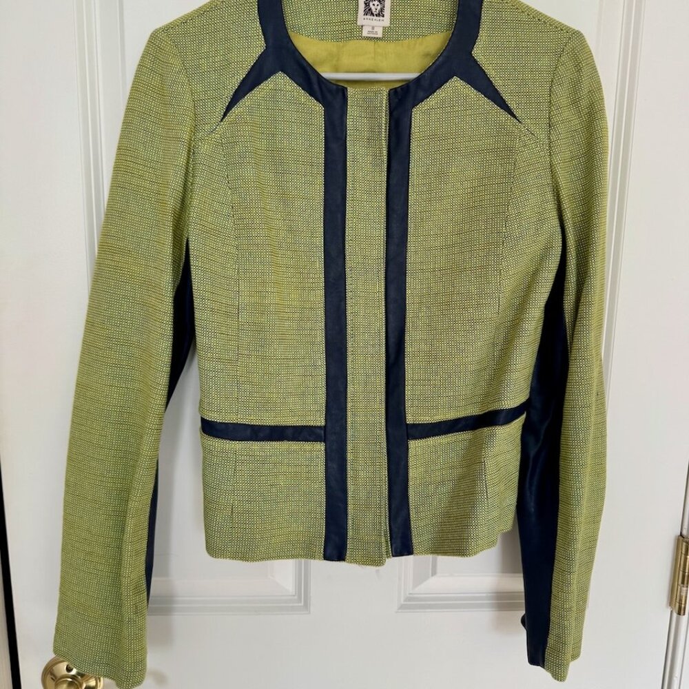 Anne Klein Blue and Green Blazer Jacket Sz 8 Medium Lined Zip Front